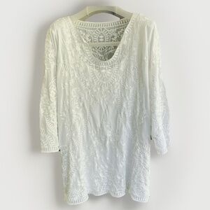 White House Black Market Women’s Mesh Sheer White Embroidered Tunic Top Size L
